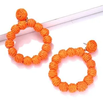 Rattan Earrings Rattan Ball Hoop Dangle Earrings for Women Handmade Bohemia Earrings Braid Straw Wic...