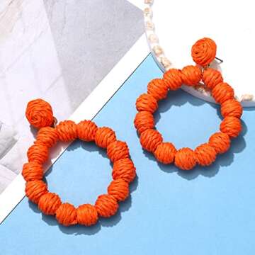 Rattan Earrings Rattan Ball Hoop Dangle Earrings for Women Handmade Bohemia Earrings Braid Straw Wicker Raffia Earrings Summer Beach Accessory Gifts (Orange)