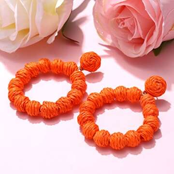 Rattan Earrings Rattan Ball Hoop Dangle Earrings for Women Handmade Bohemia Earrings Braid Straw Wicker Raffia Earrings Summer Beach Accessory Gifts (Orange)