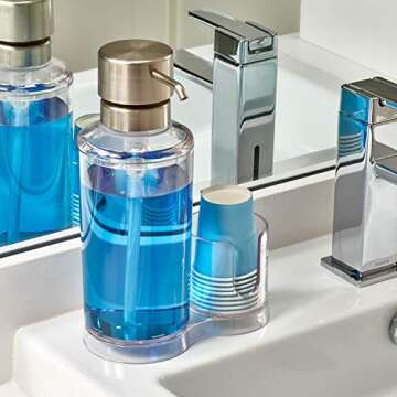 iDesign Mouthwash Dispenser Pump with Attached Paper Cup Holder Caddy, The Clarity Collection – 6.25” x 3.5” x 9.25”, Clear