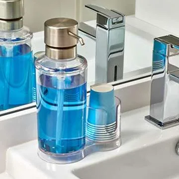 iDesign Mouthwash Dispenser Pump with Attached Paper Cup Holder Caddy, The Clarity Collection – 6.25” x 3.5” x 9.25”, Clear