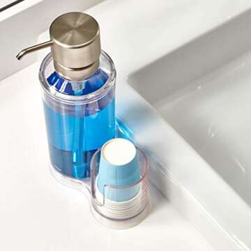 iDesign Mouthwash Dispenser Pump with Attached Paper Cup Holder Caddy, The Clarity Collection – 6.25” x 3.5” x 9.25”, Clear