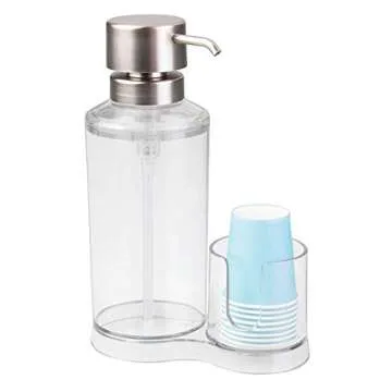 iDesign Mouthwash Dispenser Pump with Attached Paper Cup Holder Caddy, The Clarity Collection – 6.25” x 3.5” x 9.25”, Clear