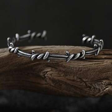 Barsly Men Bangle Open Cuff Twist Thorns Wire Titanium Steel Geometric Bracelet Open Cuff Barbed Jew...