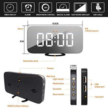 EVILTO Modern Alarm Clock with USB Charger Ports Digital Mirror Alarm Clock Best Decorative for Table Bedroom Wall LED Time Clock Unique Square Plug in Clock with Charging Plug