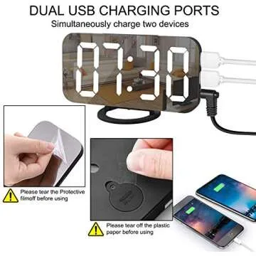 EVILTO Modern Alarm Clock with USB Charger Ports Digital Mirror Alarm Clock Best Decorative for Table Bedroom Wall LED Time Clock Unique Square Plug in Clock with Charging Plug