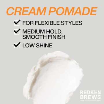 Redken Brews Cream Pomade For Men | Men's Hair Styling Pomade | Medium Hold | Natural, Smooth Finish With Low Shine | For All Men Hair Types | Water-Based Pomade | 3.4 Oz