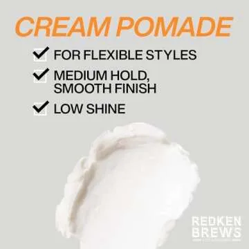 Redken Brews Cream Pomade For Men | Men's Hair Styling Pomade | Medium Hold | Natural, Smooth Finish With Low Shine | For All Men Hair Types | Water-Based Pomade | 3.4 Oz