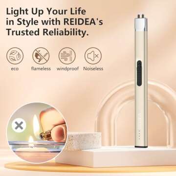 REIDEA Electric Lighter Candle Lighter, Retractable Top Windproof Flameless USB Rechargeable Arc Lighter with Safe Button and Power Indicator for Candle, BBQ and Fireworks, R1 Flat, Champagne Gold