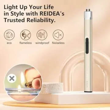 REIDEA Electric Lighter Candle Lighter, Retractable Top Windproof Flameless USB Rechargeable Arc Lighter with Safe Button and Power Indicator for Candle, BBQ and Fireworks, R1 Flat, Champagne Gold