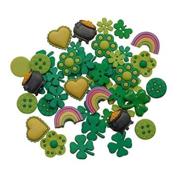 St. Patrick's Day Button Assortment – 50 Piece Novelty Buttons for Crafts & Sewing – Shamrock, Rainbow, Pot of Gold, and Green Heart Designs
