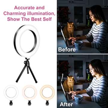 Ring Light for Computer, 6” Ring Light with Stand Tripod, 3 Light Modes Video Conference Lighting Kit for Webcam Light, Zoom Light, Desk Ring Light, for Live Streaming, Video Recording