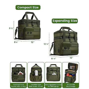 RalChyez Tactical Lunch Bag, 20L Large Heavy Duty Double Deck Insulated Lunch Box Leakproof Expandable Tote Cooler with Shoulder Strap for Adult Men Women Work Fishing Picnic Travel Green