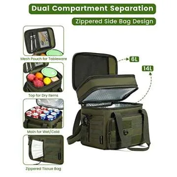 RalChyez Tactical Lunch Bag, 20L Large Heavy Duty Double Deck Insulated Lunch Box Leakproof Expandable Tote Cooler with Shoulder Strap for Adult Men Women Work Fishing Picnic Travel Green