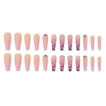 Foccna Artificail Extra Long Press on Nails, Rhinestone Pink Fake Nails with Glitter Acrylic Full Co...
