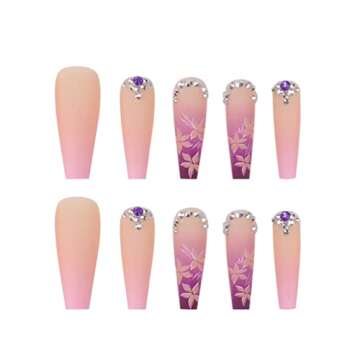 Foccna Artificail Extra Long Press on Nails, Rhinestone Pink Fake Nails with Glitter Acrylic Full Cover Fake Nails with Design Nail Tips for Women&Girls, 24PCS
