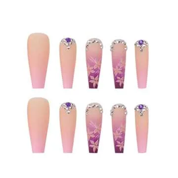 Foccna Artificail Extra Long Press on Nails, Rhinestone Pink Fake Nails with Glitter Acrylic Full Cover Fake Nails with Design Nail Tips for Women&Girls, 24PCS