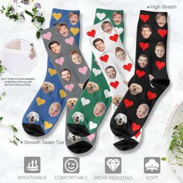 InterestPrint Custom Faces Socks Funny Socks for Men Women Valentine's Day Gift Hearts Black Personalized Socks