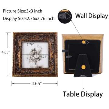 SIKOO Small Vintage 3×3 Picture Frame Antique Ornate Mini Photo Frame Table Top Display and Wall Hanging, Gold Frame Wall Art, Bronze Gold