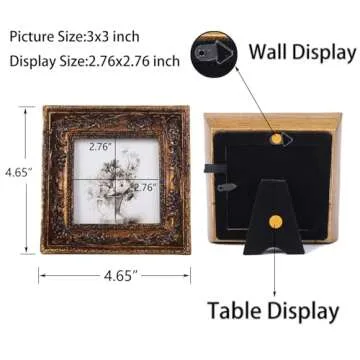 SIKOO Small Vintage 3×3 Picture Frame Antique Ornate Mini Photo Frame Table Top Display and Wall Hanging, Gold Frame Wall Art, Bronze Gold
