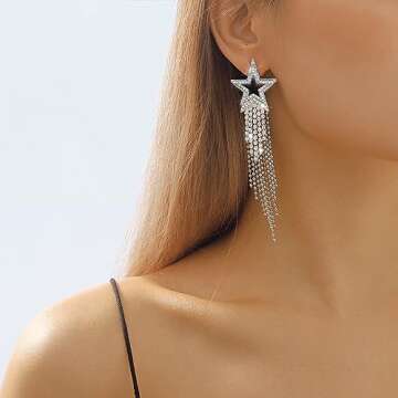 Silver Star Earrings Dangle Silver Star Earrings for Women 14K Gold Star Sparkly Earrings Long Dangl...