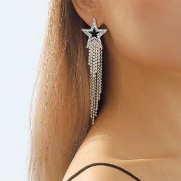 Silver Star Earrings Dangle Silver Star Earrings for Women 14K Gold Star Sparkly Earrings Long Dangle Y2k Earrings Jewelry
