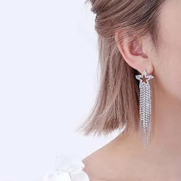 Silver Star Earrings Dangle Silver Star Earrings for Women 14K Gold Star Sparkly Earrings Long Dangle Y2k Earrings Jewelry