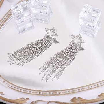 Silver Star Earrings Dangle Silver Star Earrings for Women 14K Gold Star Sparkly Earrings Long Dangle Y2k Earrings Jewelry