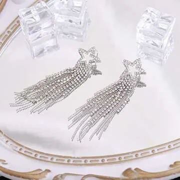 Silver Star Earrings Dangle Silver Star Earrings for Women 14K Gold Star Sparkly Earrings Long Dangle Y2k Earrings Jewelry