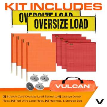 VULCAN Flags, Oversize Load Banners, and Magnets Kit - Includes 2 Stretch Cord Oversize Load Banners, 4 Magnets, 4 Red Flags, 4 Orange Flags, and A High-Viz Vented Storage Bag