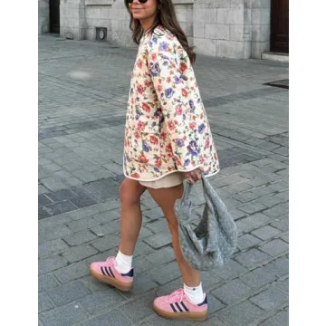 Yimoon Women's Quilted Puffer Jacket Lightweight Floral Print Padded Coat Open Front Puffy Cardigan Outwear(Purple-L)