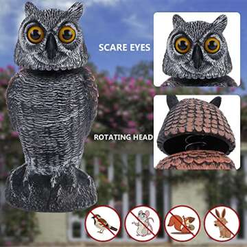 Hausse 2 Pack Bird Scarecrow Fake Owl Decoy Sculpture, Rotating Head Plastic Owl Bird Deterrents, 10...