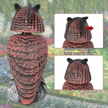 Hausse 2 Pack Bird Scarecrow Fake Owl Decoy Sculpture, Rotating Head Plastic Owl Bird Deterrents, 10.6 Inch Height Nature Enemy Horned Pest Repellent for Outdoor Garden Yard