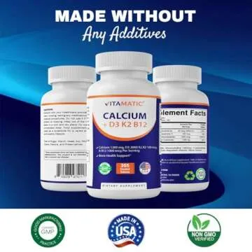 Vitamatic Calcium Supplement 1200mg with D3, K2 & B12, Immune & Bone Health Support - 365 Coated Tablets