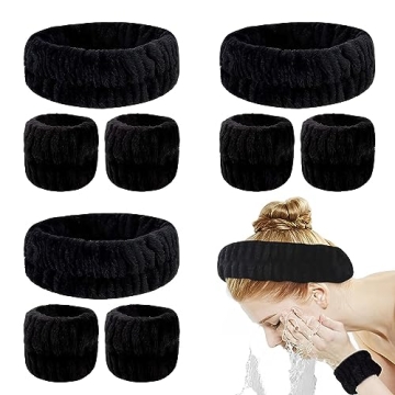 YARIEW Spa Set - 3 Makeup Facial Headbands & 6 Terry Cloth Wristbands in Black