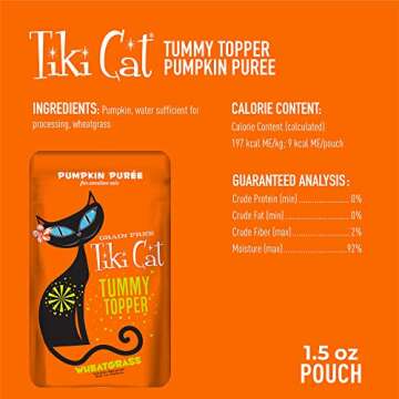 Tiki Cat Functions Meal Topper, Pumpkin Puree Recipe, with Wheatgrass for Easy Digestion, for Adult Cats, 1.5 oz. Pouch (Pack of 12)