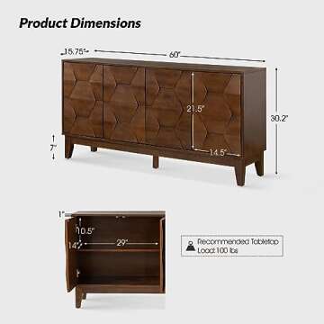 HULALA HOME Mid Century Sideboard Buffet Cabinet with Solid Wood Legs, 60" Kitchen Storage Cabinet C...