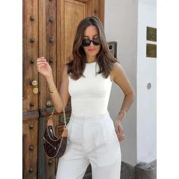 REORIA Women's Summer Sexy Open Back High Neck Sleeveless Tank Top Double Lined Y2k Trendy Backless Crop Tops White Small