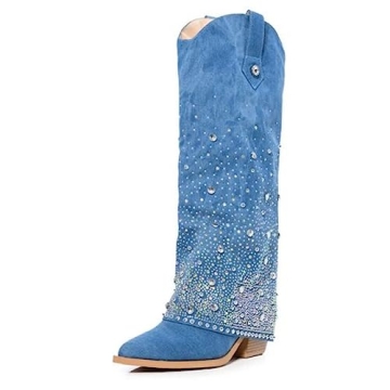 Gradinery Denim Boots for Women Blue Jean Sparkly Rhinestone Cowboy Boots Pointed Stiletto High Heel...