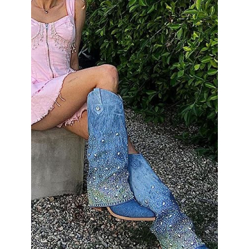 Stylish Gradinery Denim Sparkly Boots for Women