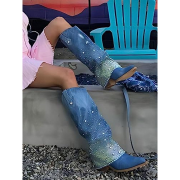 Stylish Gradinery Denim Sparkly Boots for Women