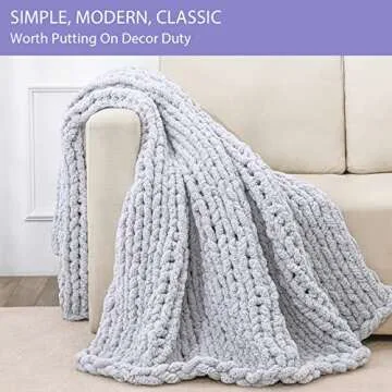 Bigacogo Chunky Knit Throw Blanket for Couch, 40x60 inches, 100% Hand Knitted with Thick Jumbo Chenille Yarn, Cozy Soft Large Rope Knot Cable Crochet Blankets for Sofa Bed Living Room, Light Grey