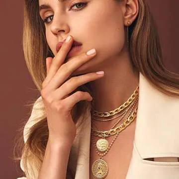 Cysincos Gold Layered Necklaces for Women Chunky Choker Link Chain 14K Golden Plated Pendant Necklace Handmade Dainty Layering Poppy Lotus Rose Necklaces Jewelry Birthday Gifts (Golden Retro Coin)