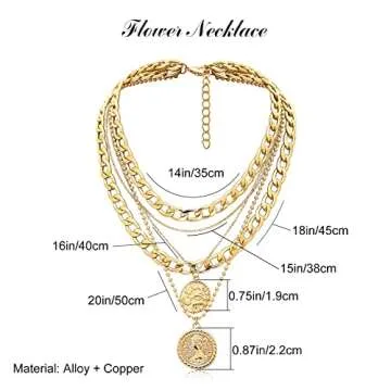 Cysincos Gold Layered Necklaces for Women Chunky Choker Link Chain 14K Golden Plated Pendant Necklace Handmade Dainty Layering Poppy Lotus Rose Necklaces Jewelry Birthday Gifts (Golden Retro Coin)