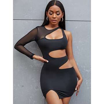 Floerns Women's One Shoulder Contrast Mesh Cut Out Asymmetrical Club Bodycon Mini Dress Black M