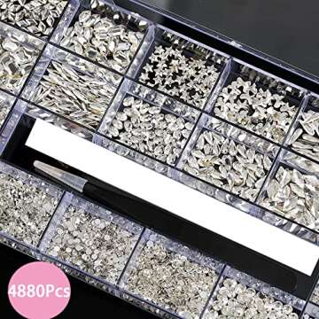 4880Pcs Rhinestones for Nail, White Crystal Nail Rhinestones Set, Nail Round Beads Flatback Glass Gems Stones, Multi Shapes for Nail DIY Crafts Clothes Shoes Jewelry