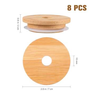 8 Pcs 70mm Bamboo Jar Lids with Straw Hole,Reusable Mason Jar Lids for Beer Can Cups,Sealing Lid Bam...
