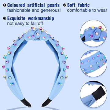 Embellished Hair Accessories for Women and Girls: Faux Pearl Knotted Headbands with Gems and Twisted Turban Design (Pink, Blue)