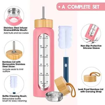 SipZest 32 oz Glass Water Bottle with Straw - Motivational Glass Water Bottle with Time Marker & Silicone Sleeve - Reusable Glass Tumbler Includes 2 Bamboo Lids & Fruit Infuser - 1 Pack
