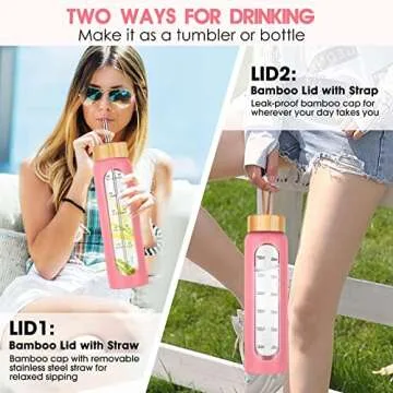 SipZest 32 oz Glass Water Bottle with Straw - Motivational Glass Water Bottle with Time Marker & Silicone Sleeve - Reusable Glass Tumbler Includes 2 Bamboo Lids & Fruit Infuser - 1 Pack